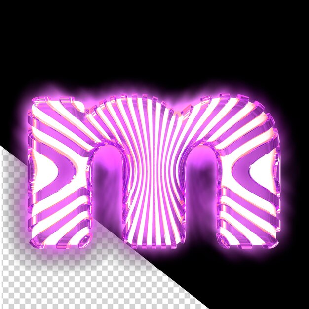 PSD weißes 3d-symbol mit ultradünnen leuchtenden lila vertikalen riemen buchstabe m