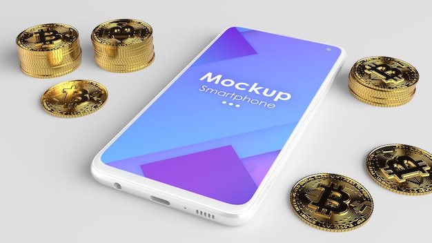 Weißes Handy-Modell für Kryptowährungs-Apps und Websites. Weißer Hintergrund mit Goldmünzen.