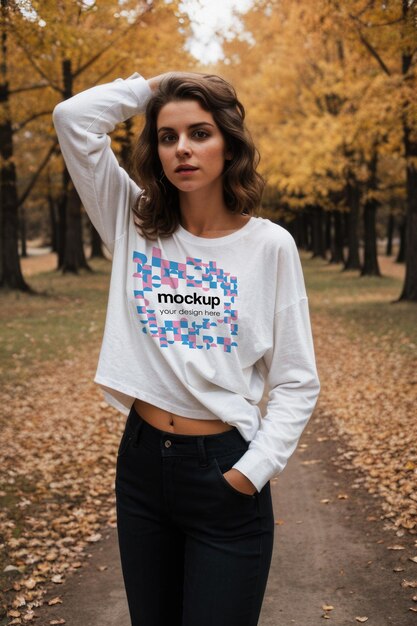 PSD weißes herbst-t-shirt-mockup für mädchen t-shirt showcase-vorlage unisex-ästhetik-branding-mackup