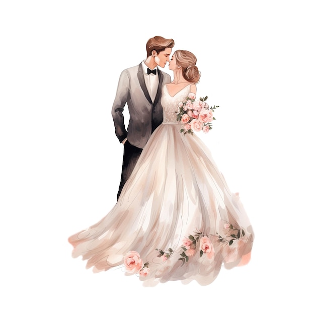PSD weißes hochzeitskleid der braut mit schwarzem anzug des bräutigams, transparenter hintergrund, png-illustration, ai generierte happy wedding png-illustration