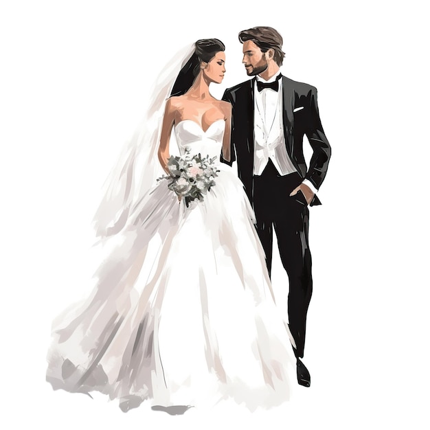PSD weißes hochzeitskleid der braut mit schwarzem anzug des bräutigams, transparenter hintergrund, png-illustration, ai generierte happy wedding png-illustration