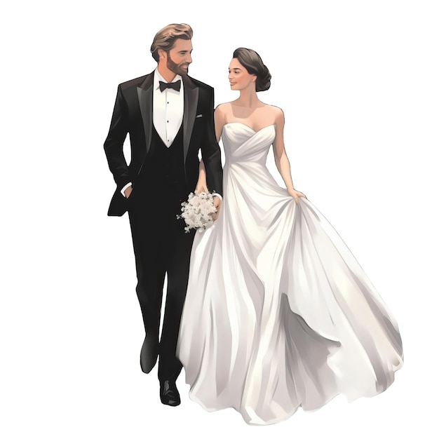 PSD weißes hochzeitskleid der braut mit schwarzem anzug des bräutigams, transparenter hintergrund, png-illustration, ai generierte happy wedding png-illustration