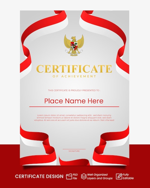 Weißes porträt des zertifikatdesigns mit garuda-indonesien-symbol und indonesien-flagge