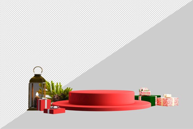 Weißes Produktdisplay-Podest im Weihnachtsbaum im Wohnzimmer3D-Rendering