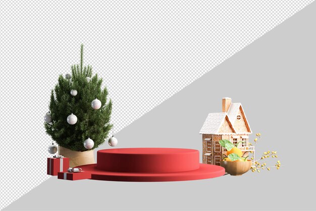 Weißes produktdisplay-podest im weihnachtsbaum im wohnzimmer3d-rendering