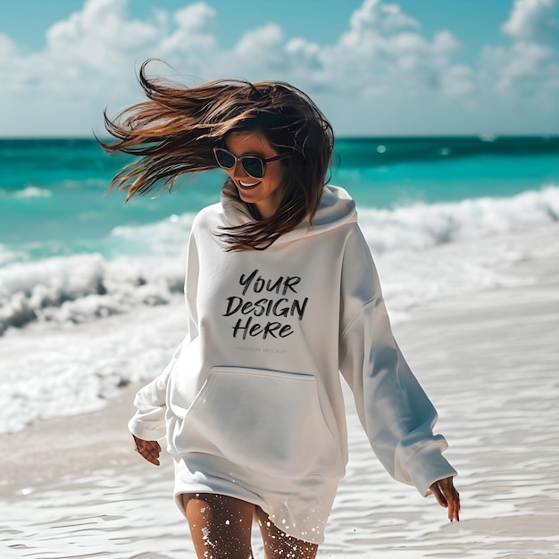 PSD weißes übergroßes langes hoodie-kleid-modell mit einer frau am strand