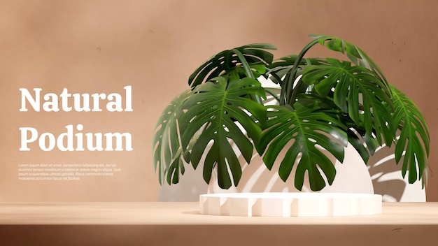 Weißes Zylinderpodium in der Landschaft, grünes Blatt, Monstera-Pflanze, 3D-Renderbild, leerer Raum