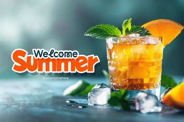 PSD welcome summer banner template with realistic photo of cocktail background