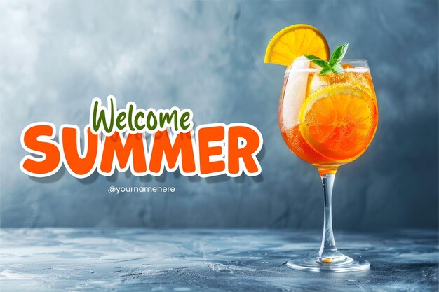 PSD welcome summer banner template with realistic photo of cocktail background