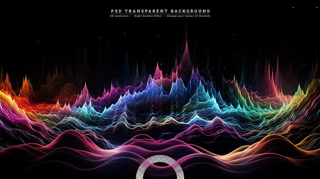 PSD wellenfunktion-serie hintergrunddesign von farbigen sinus-vibrationen licht- und fraktalelemente zum thema klang-equalizer musikspektrum und quantenwahrscheinlichkeit