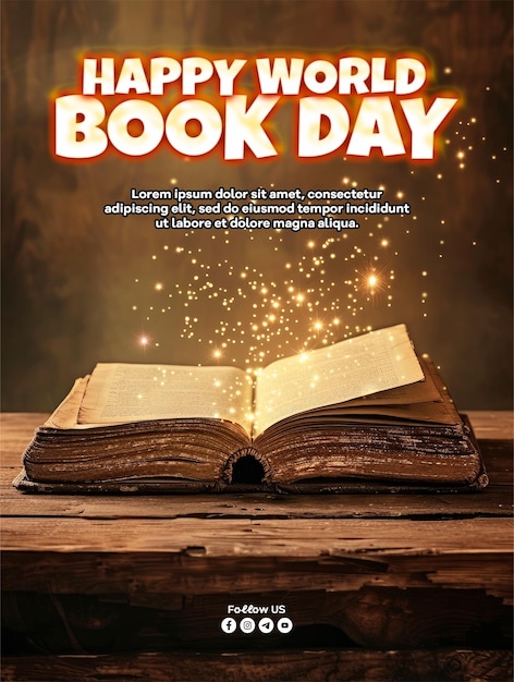 Weltbuchtag-Postervorlage mit offenem antiken Buch auf einem Holztisch mit Glitzerüberlagerung