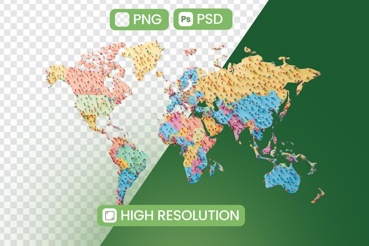 PSD weltkarte zeigt die bevölkerungsdichte mit farbenfrohen visualisierungen und globalen demografien