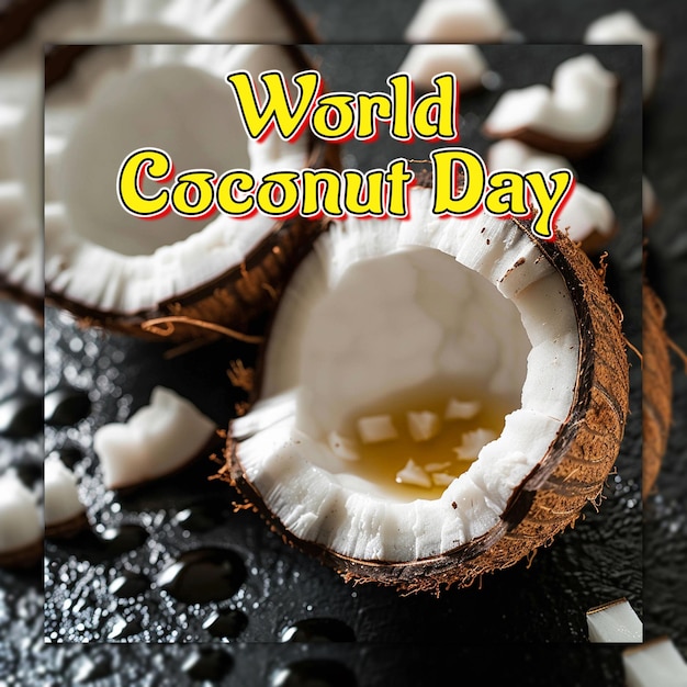 PSD weltkokosnusstag feiern sie kokosnuss im meer kokosmilch kokoswasser für social-media-post