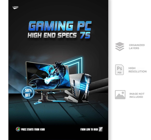 PSD werbeflyer für gaming-pc-werbung