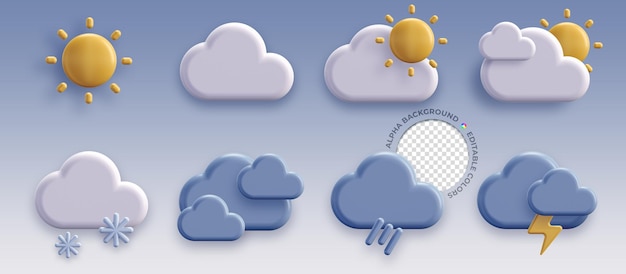 Wettervorhersage-Infografik 3D-UI-App-Schnittstellensymbol Tagesset-Sammlung editierbarer Farbgenerator