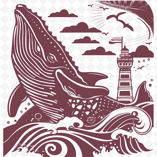 PSD whale line art mit seemannsknoten und leuchttürmen für decora creative outline scribble-sammlungen