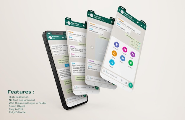 WhatsApp-Schnittstellenvorlage auf Handy- und UI-UX-App-Präsentationsmodell