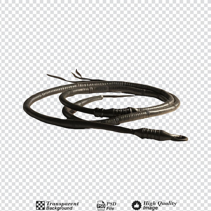 PSD whip de cuero histórico enrollado en negro aislado sobre un fondo transparente