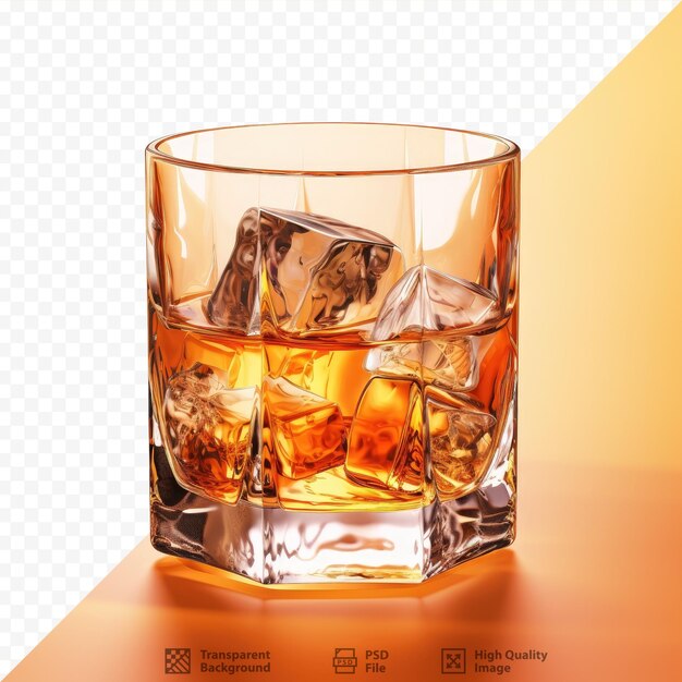 PSD whisky sobre fondo transparente con hielo y reflejos