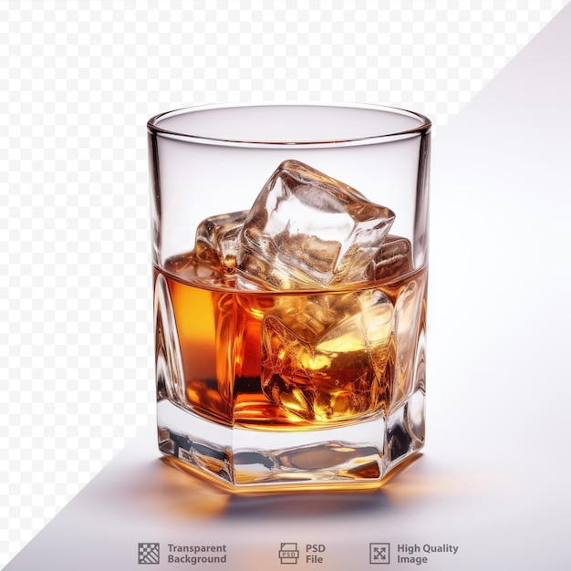 Whisky sobre hielo en un vaso transparente sobre fondo transparente