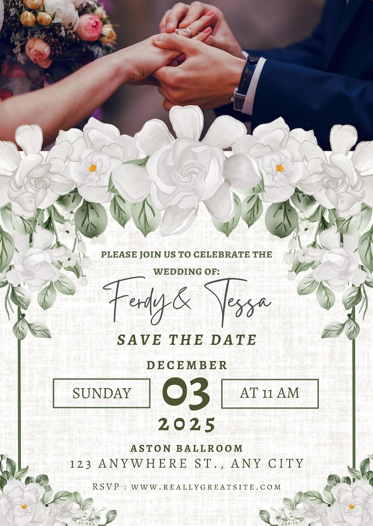 PSD white and grey simple floral wedding invitation 1