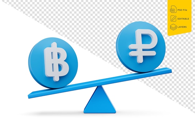 White Baht And Ruble Symbol On Rounded Blue Icons With Balance Weight Seesaw 3d Illustration