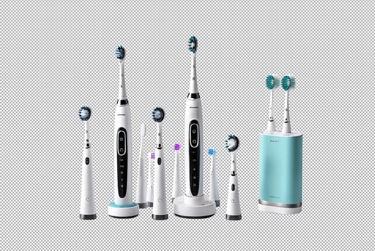 PSD white electric toothbrush with multiple brush heads for oral care set white background 2