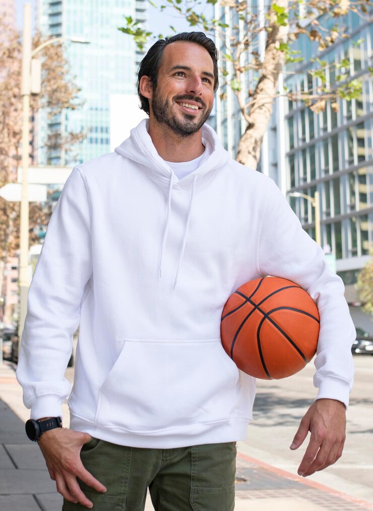 PSD white hoodie mockup psd man with basketball