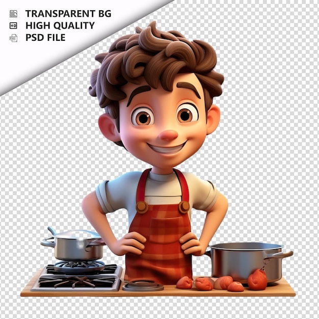 PSD white kid cooking 3d-cartoon-stil mit weißem hintergrund