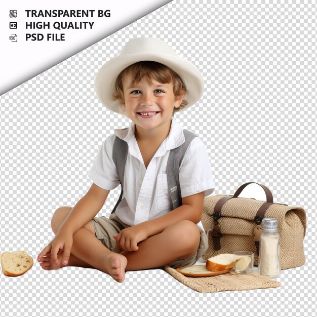 PSD white kid picnicking ultra-realistischer stil mit weißem hintergrund