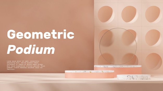 white marble and pink podium in landscape glass and blocks wall 3d image render template mockup