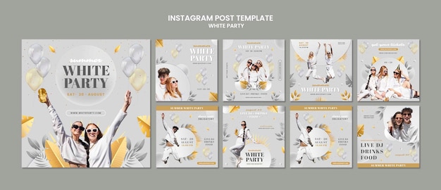 PSD white party instagram posts sammlung mit luftballons und blättern