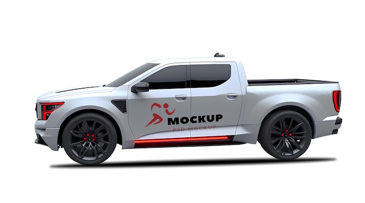 PSD white pickup truck mockup with branding