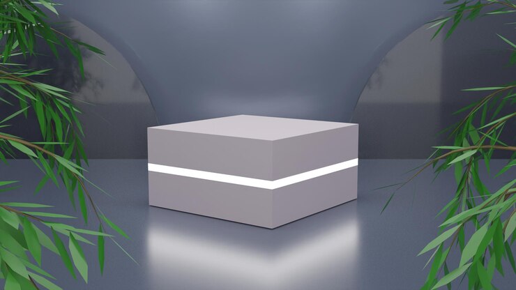 PSD white podium 3d render with leaves