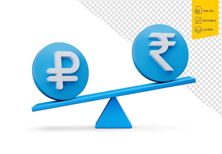 PSD white ruble and rupee symbol on rounded blue icons with balance weight seesaw 3d illustration
