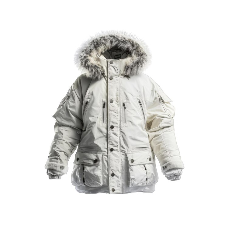 PSD white winter parka with fur hood and multiple pockets