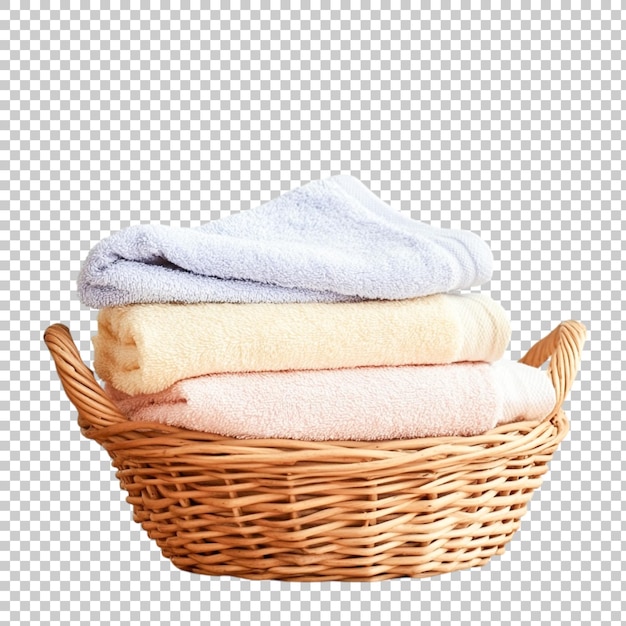 Wicker laundry basket with clean towels isolated on transparent background