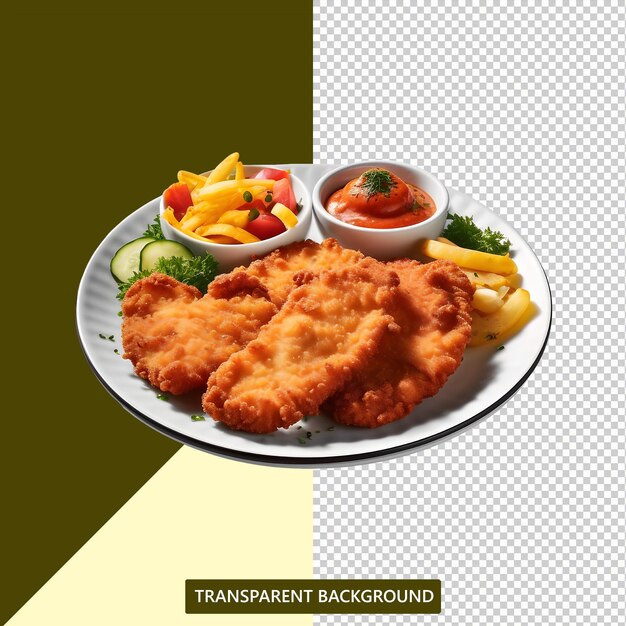 Wienerschnitzel servido num prato com limão e batatas fritas.