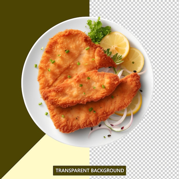 PSD wienerschnitzel servido num prato com limão e batatas fritas.