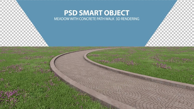 PSD wiese mit betonweg 3d-rendering von isolierten objekten