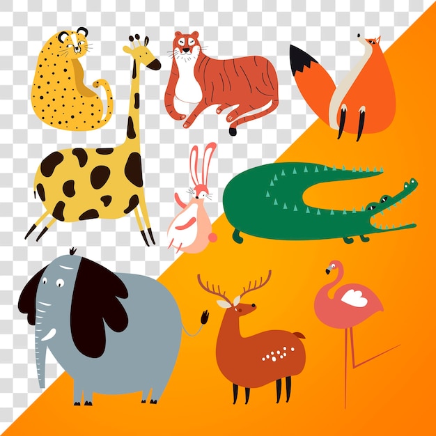 Wild animals png colorful cute stickers doodle cartoon set