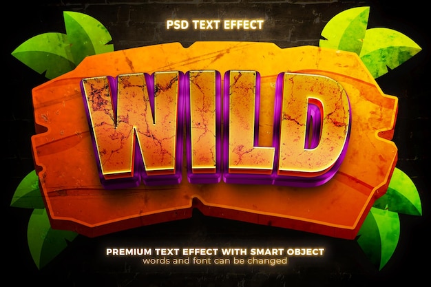 PSD wilder jäger-cartoon 3d editierbarer texteffekt auf dschungel-hintergrund-attrappe