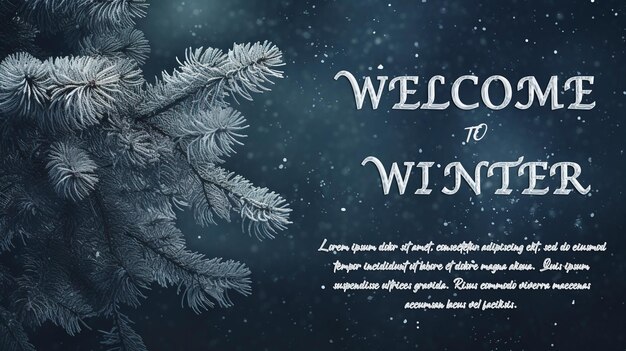 PSD willkommen im winterbanner-template mit schneeflocken, die sich auf kiefernzweigen unter weichem wintermond niederlassen.
