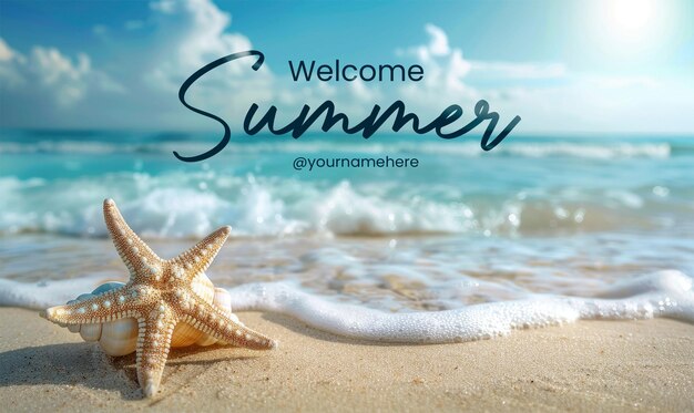 Willkommen sommer banner vorlage seashell starfish auf sandy beach ruhe blau sommerferien