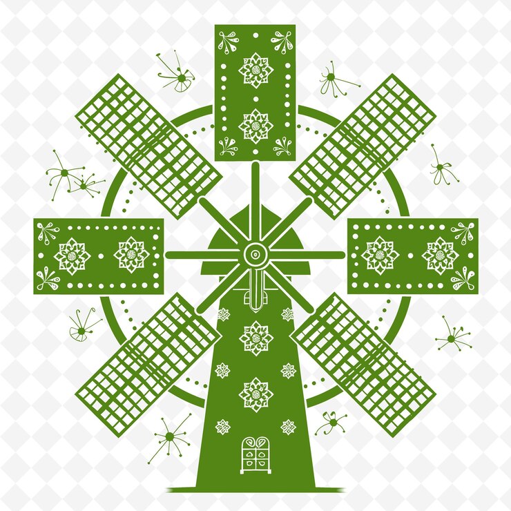 PSD windmill outline with rotor blades and wind rose symbols fo illustration frames decor collection