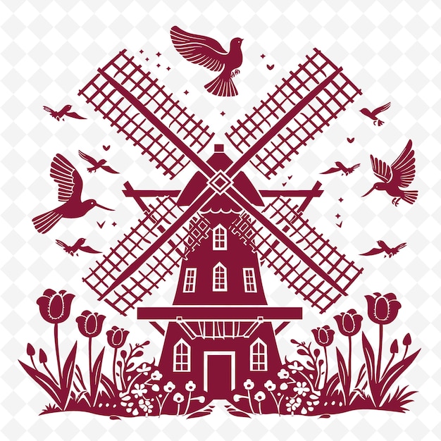 PSD windmühle-umriss mit tulpen-designs und vögeln tulpen blüte illustrationsrahmen dekorationskollektion