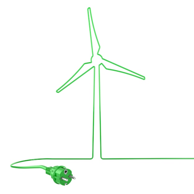 Windturbine aus grünem Stromkabel und Stecker Grünes und sauberes Alternativenergie-Konzept 3D-Rendering isoliert auf transparentem Hintergrund