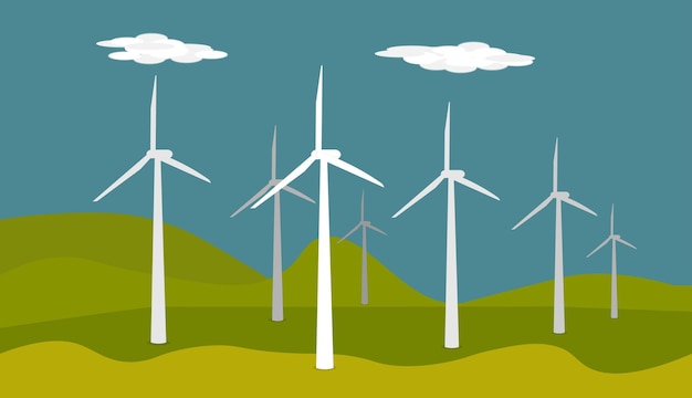 Windturbinen auf grünen Hügeln mit bewölktem Himmel Erneuerbare Energie Landschaft Illustration