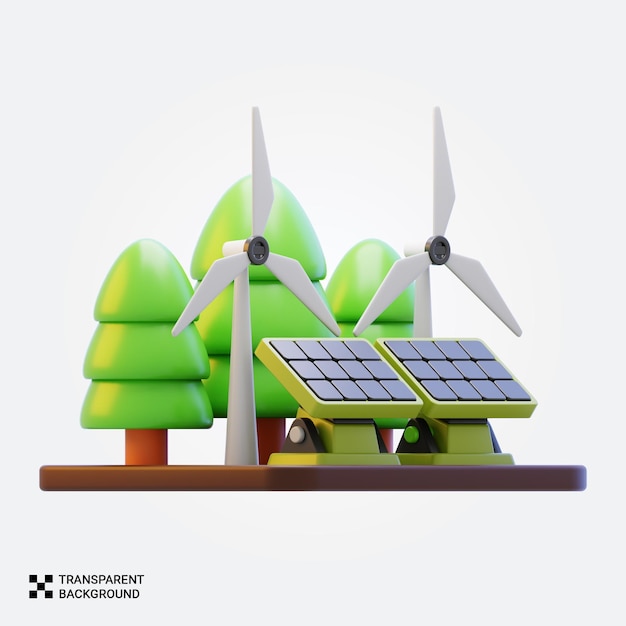 Windturbinen und Sonnenkollektoren erzeugen saubere Energie in einem Wald