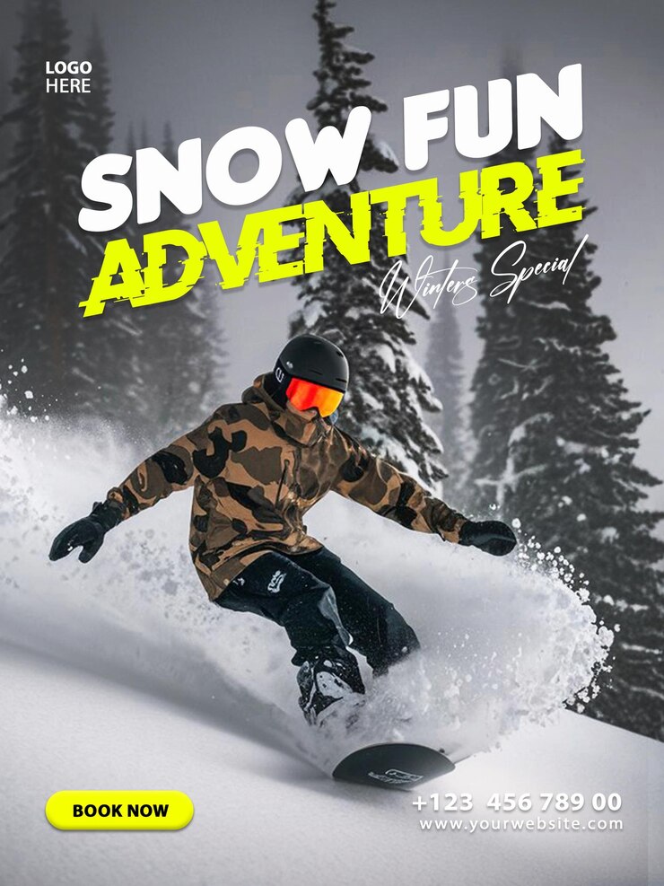 PSD winter adventure snow sports mountain business flyer 3d poster for social media post template design